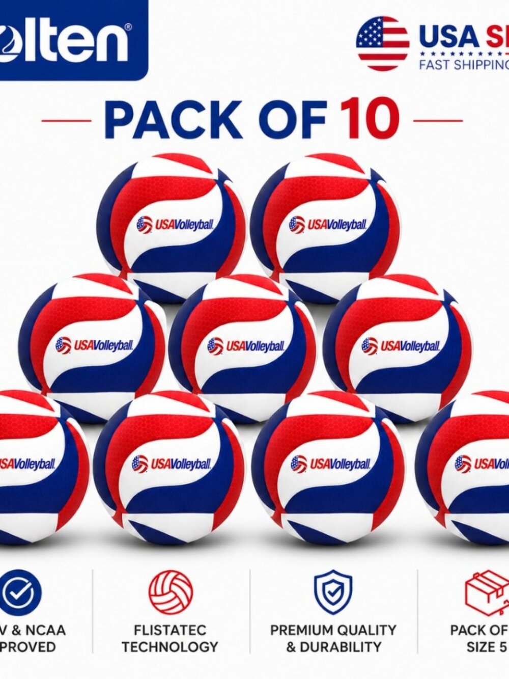 Molten FLISTATEC Volleyball Official USAV NCAA Approved Red White Blue Size 5